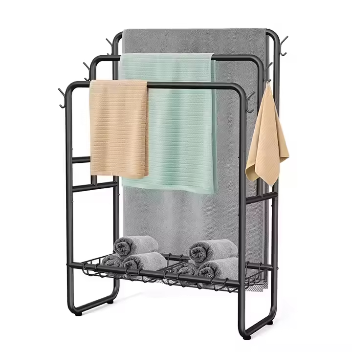 Portable Freestanding Towel Rack Collapsible 3-Tier Design with Baskets & Hooks for Dorm/Laundry Room/Camping