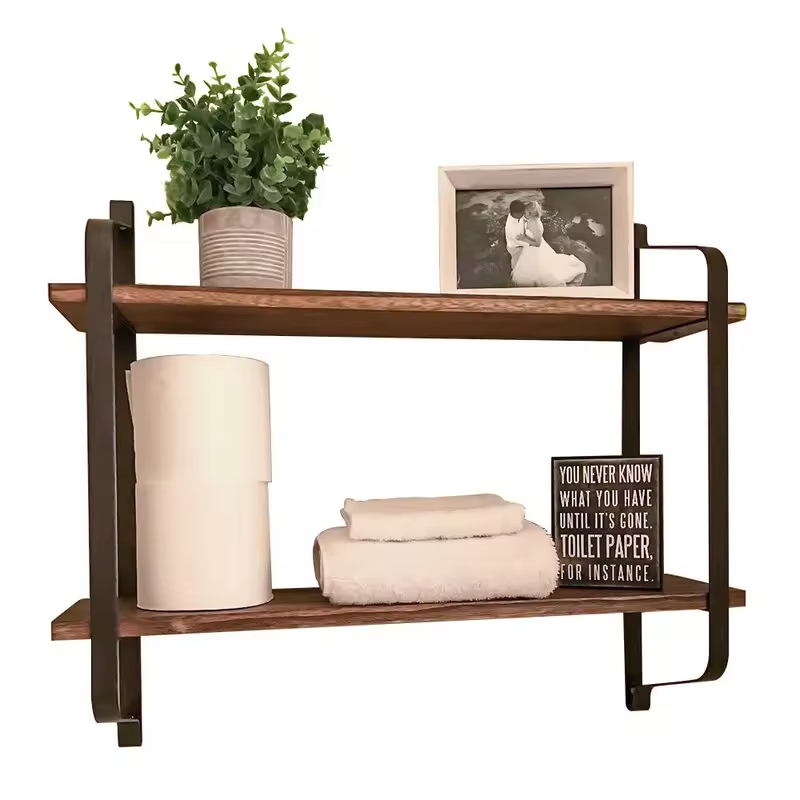 Factory Customize 2 Piece Three-Layer Floating Shelf Live Edge Antique Wood Metal Combined Storage Shelves Wall Bookshelves
