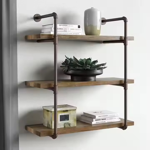 Factory Customizable 3-Tier Metal Frame Wall Mounted Multifunctional Pipe Bookcase for Living Room Office