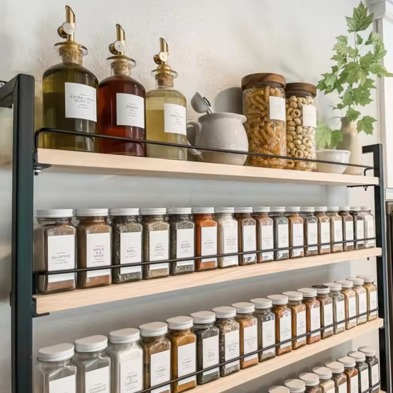 Custom 5-Tier Hanging Spice Rack Organizer Multi-Functional Steel-Wood Spice Storage Holder 5-Tier Hanging Spice Rack