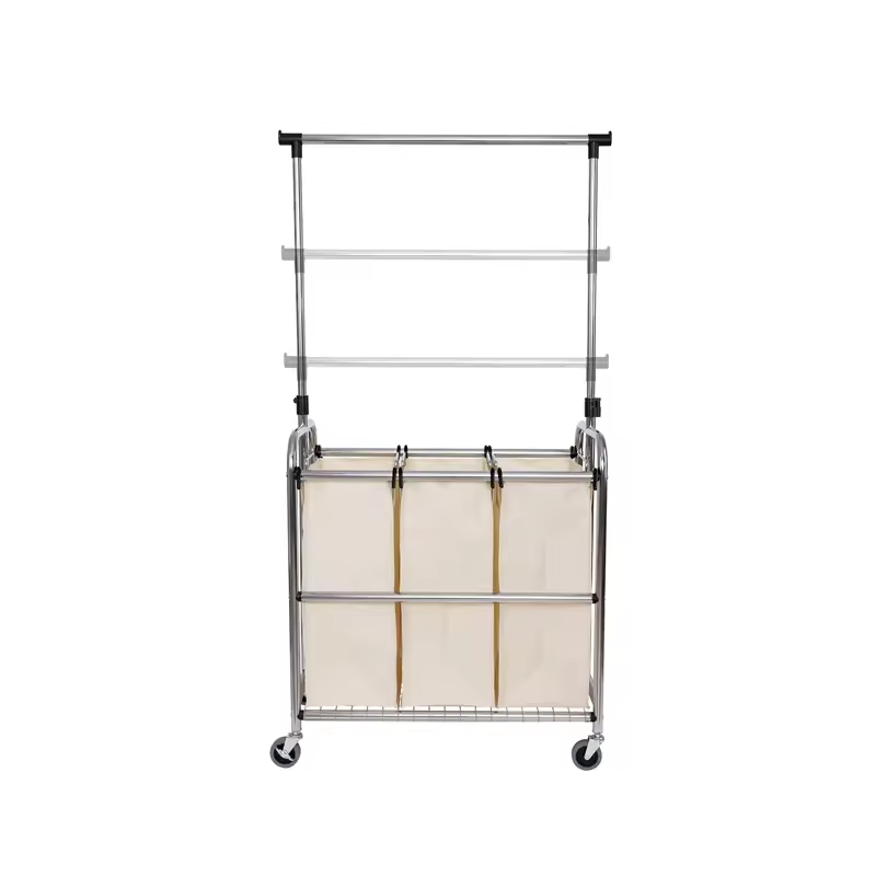 Factory Custom Hot-selling Laundry Basket Foldable Metal Bathroom Cabinets in Laundry Rolling 3-Bag Steel Laundry Sorter
