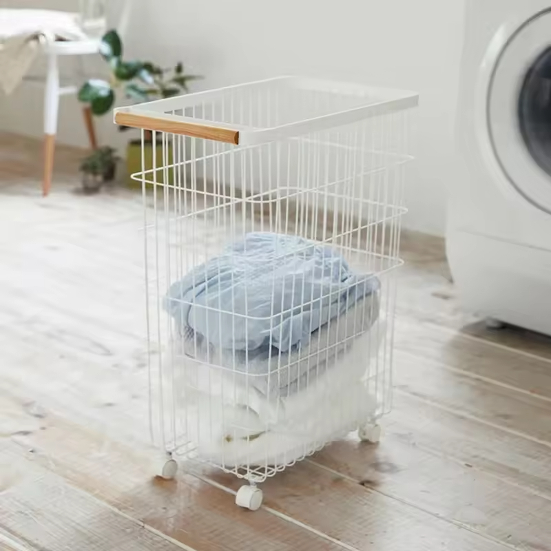 Factory Custom Home Slim Rolling Laundry Basket Hamper Steel + Wood Rolling Laundry Storage Basket With Ring Handles