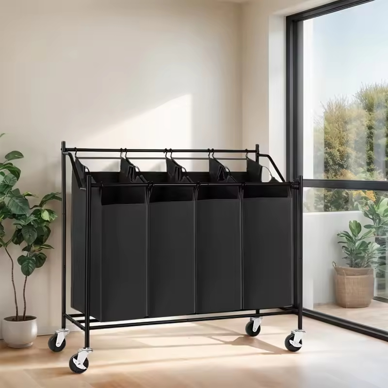 4-Section Laundry Hamper Rolling Wheels Commercial Laundry Basket Heavy Duty Sorting Cart for Hotel/Apartment/Laundry Room