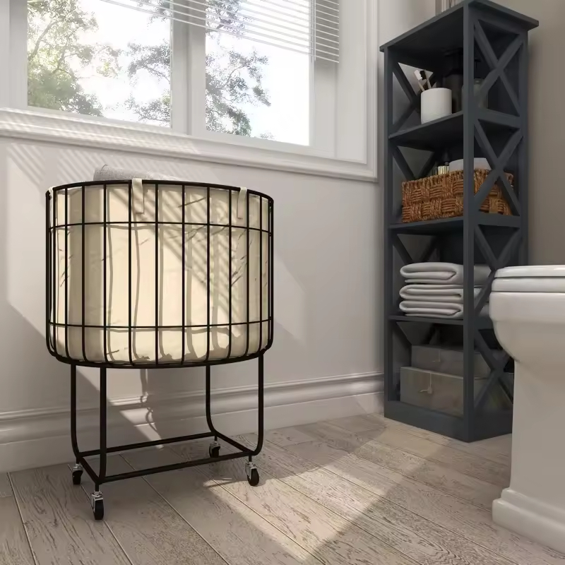 Hot-selling OEM&ODM Rectangle Home Slim Rolling Laundry Basket Hamper Metal Deep Set Wire Basket Storage Cart with Wheels