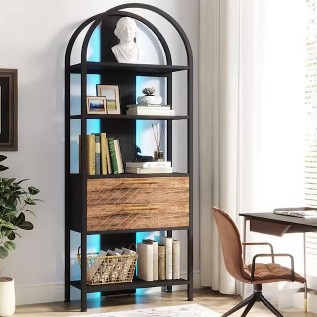 ODM OEM D11.8 H70.86 W27.55 Inch Tall 4-Shelf Standard Bookcase Bookshelf with 2-Drawers and LED Light Factory Direct