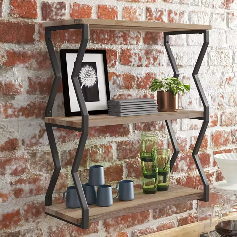 Factory Customizable 3-Piece Live Edge Antique Wood and Metal Storage Shelf Wall-Mounted Bookshelves