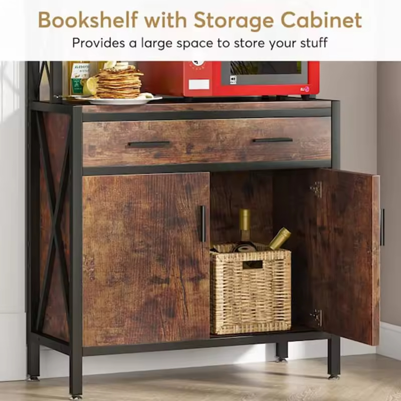 ODM OEM Factory 4- Shelf Industrial Bookcase with Drawer and Doors H69 W28 D14IN Etagere Book Shelves Storage Cabinet