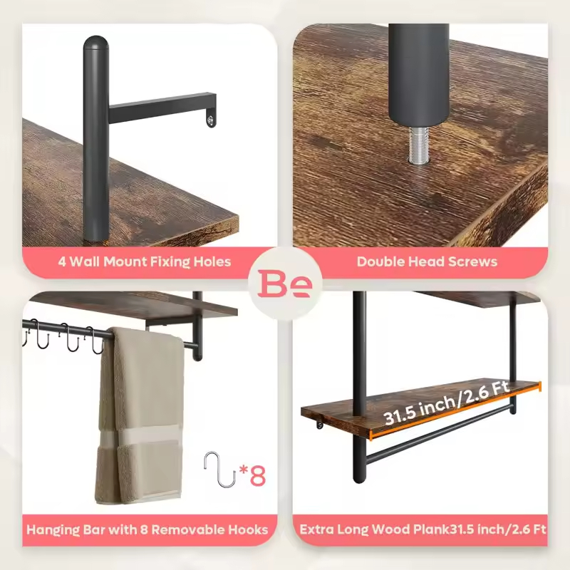 Factory Custom Housing Wholesale Kitchen Wall Shelf Shower Storage Organizer Wood Towel Racks Industrial Pipe Floating Shelving