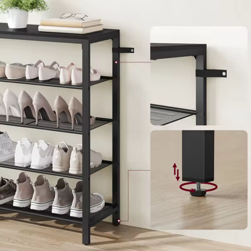 Custom 5 Tier Shoe Rack Organizer with Metal Frame and Wood Top Metal Mesh Shoe Storage Shelf Shoe Organizers