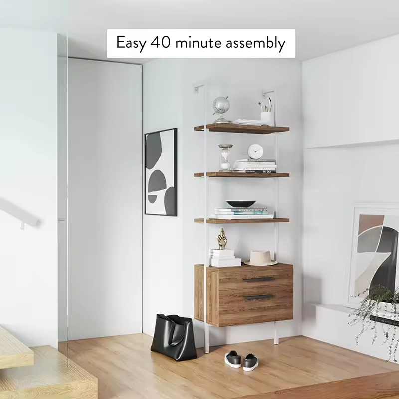 Factory ODM OEM 73'' H X 24'' W X 14'' D 4-Tier Metal Wood Bookcase 2 Drawers Display for Living Room Office Bedroom Study Room