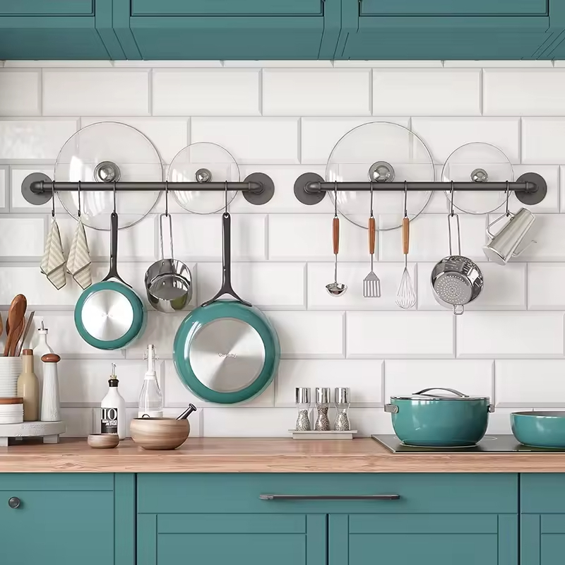 Pot Rod Holder Wall Mounted Removable Pan Hanging Guide Kitchen Utensils Hook Strap Hook Black