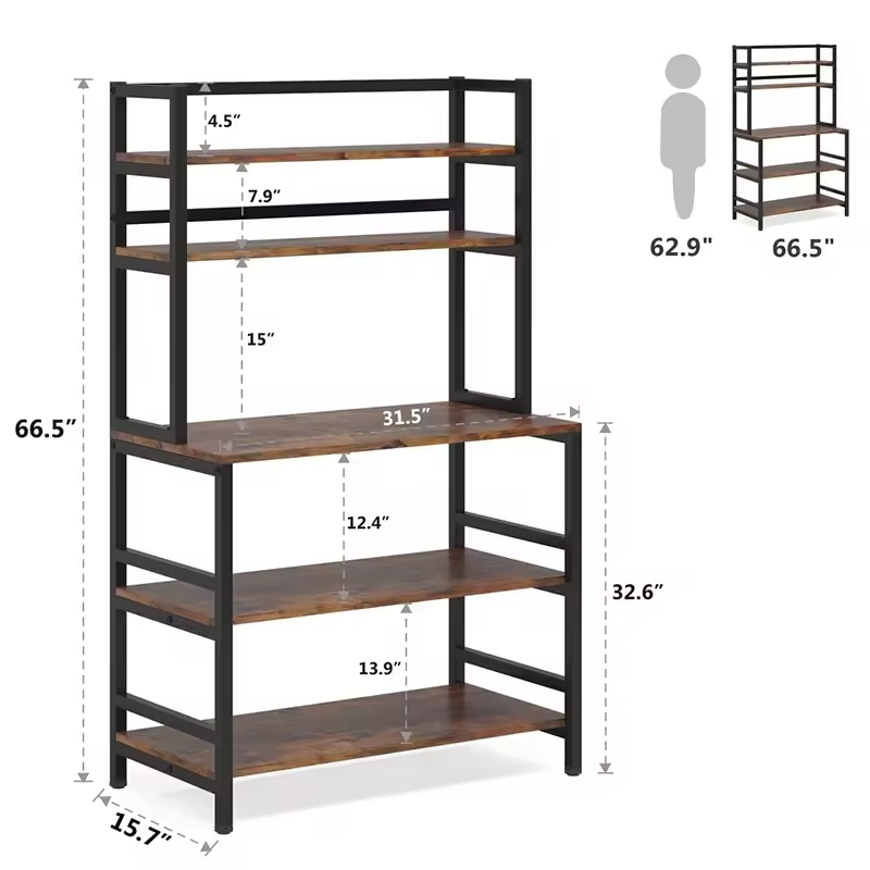 Manufacturer OEM 5-Tier Freestanding Durable Adjustable Metal Wood Modern Kitchen Bakers Rack Utility Storage Shelf Cart