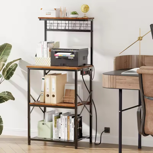 OEM/ODM 22-Inch 4-Tier Shelving with Power Outlet 6-Hook Spices Organizer Microwave Baker's Rack for Kitchen Islands & Carts