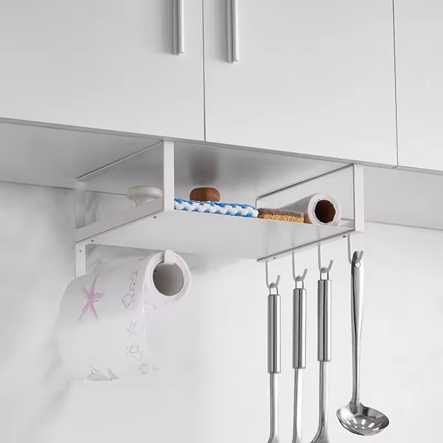 Custom Metal Wall-Mounted Double-Tiered Spoon Fork Spatula Rack Shelf Organizer with Multifunctional Facial Tissue Holders