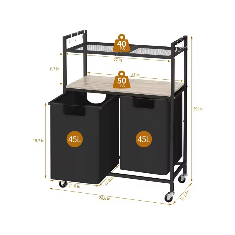 Custom Rustic Rolling Laundry Center with 2 Divided Shelves Factory-Built Bathroom Organizer and Storage Hamper for Clothing