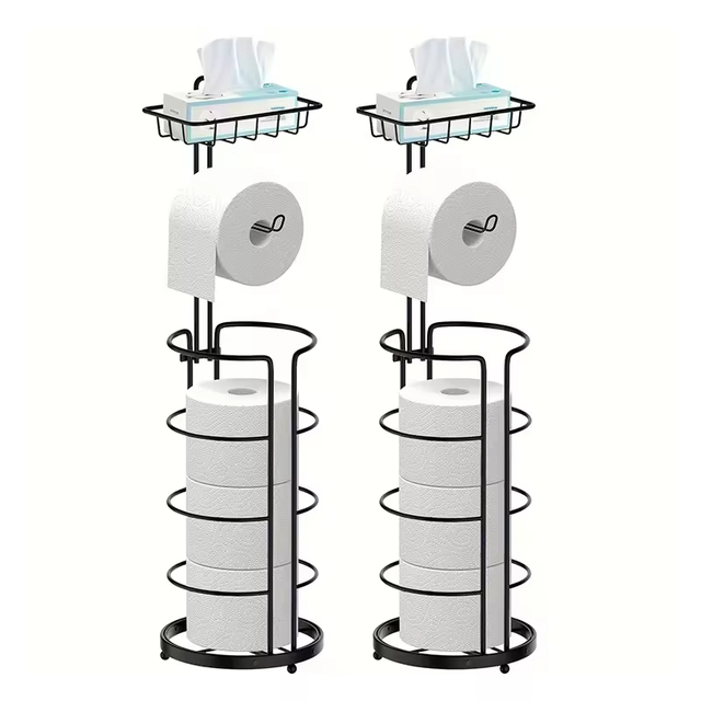 Custom Eco-Friendly Metal+Wood Floor-Standing Tissue Paper Roll Stand Space-Saving Bathroom Toilet Storage Rack