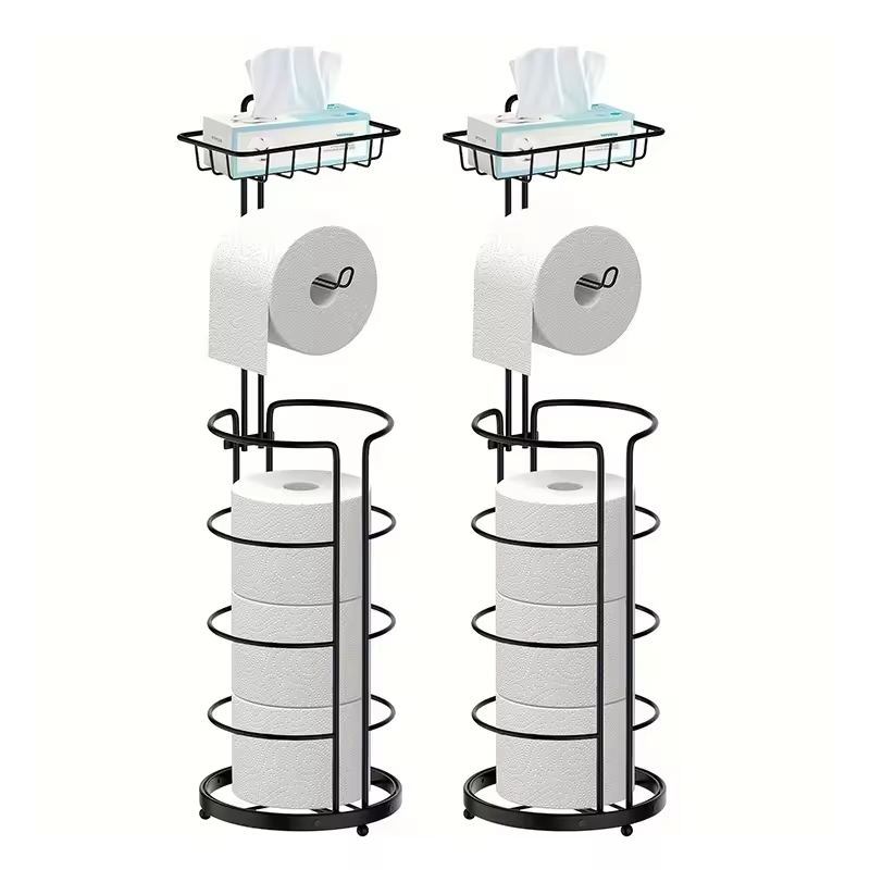 Custom Eco-Friendly Metal+Wood Floor-Standing Tissue Paper Roll Stand Space-Saving Bathroom Toilet Storage Rack