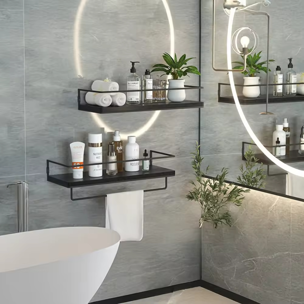 OEM & ODM 2-Piece Metal Floating Shelf Towel Bar Multifunctional for Magic Sticker Shower Rack for Kitchen Spice Rack Shelf