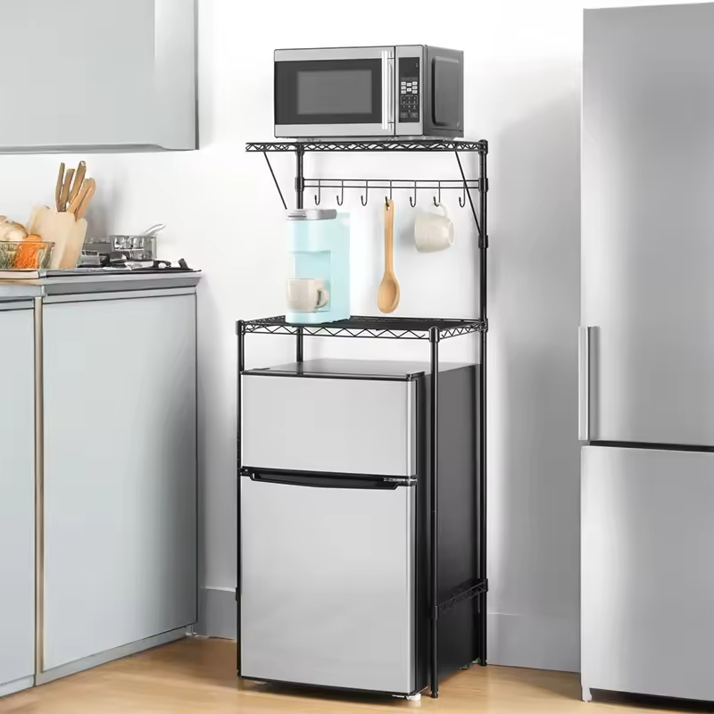 Modern Kitchen Cabinet with Microwave Storage Stand Stainless Steel Baker Rack Design