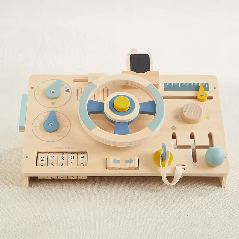 Wooden Modern Rectangle Driving Steering Wheel Toy Kids Busy Board Durable Early Educational Driver Pretend Play Set