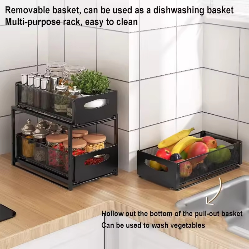 OEM&ODM Double Tier Metal Standing Type Under Cabinet Storage Organizer with Sliding Drawer for Kitchen Toiletries/Spice
