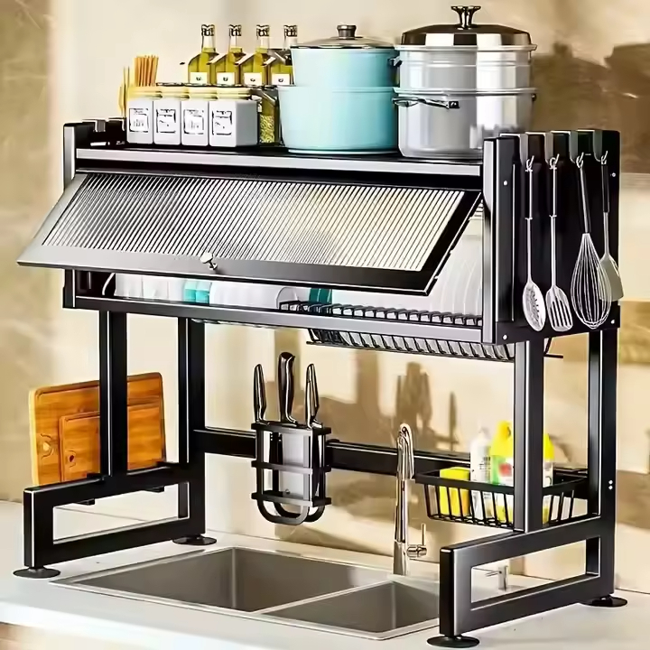 Custom Multi-Functional Double Kitchen Storage Rack Iron Sliding Organizer Cabinet Door Sink Dish Tray Counter Top Drain Rack