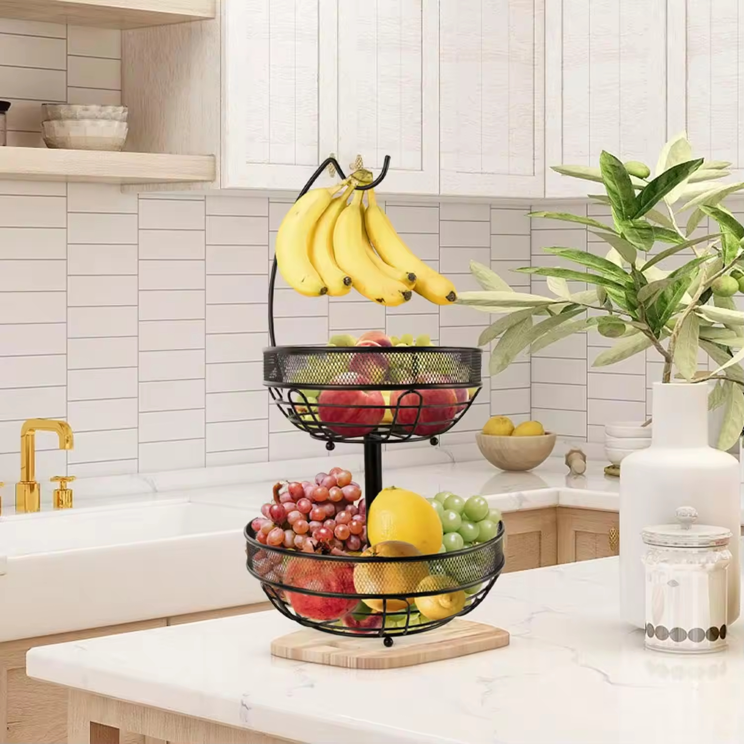 Custom 2-Tier Sturdy Metal Fruit and Vegetable Basket with Banana Hanger 2 Layers Kitchen Counter Fruit Bowls for Food Use