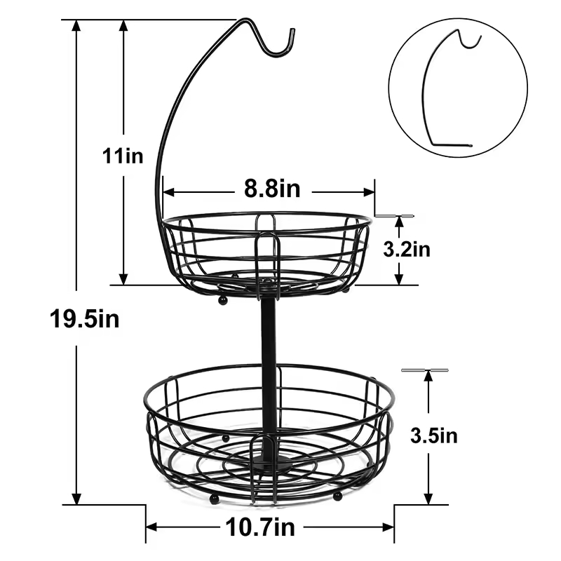 Custom 2 Tier Detachable High- Fruit Bowl With Banana Hanger for Kitchen Fruit Basket