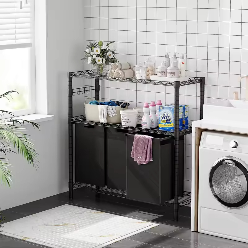 Factory Custom Bathroom Storage Metal Frame 3 Bags 2-tire Shelf Big-capacity Laundry Hamper