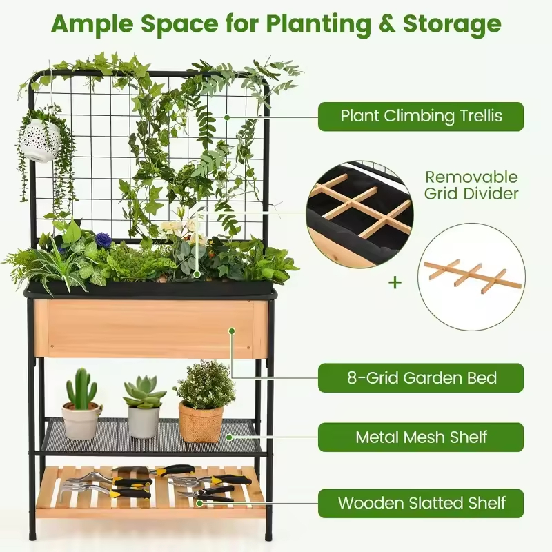 Factory Customizable 59\" Raised Wooden Garden Bed with Metal Trellis Open Storage Shelves & Drain Holes Bookcases & Bookshelves