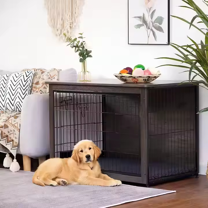 Handcrafted Vintage Wooden Dog Crate Convertible End Table Double-Door Indoor Kennel for Small/Medium/Large Dogs