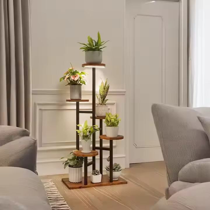 Factory Customizable 39\" Tall 6-Tier Indoor Plant Stand with 3 Full Lights Metal Wood Wheel Display Rack Bookcases Bookshelves