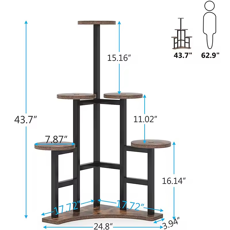 Factory Custom Modern Wood+Metal Powder Coated Plant Stand Tree Shape Tripod Design 3-tier Stylish Indoor/Outdoor Display