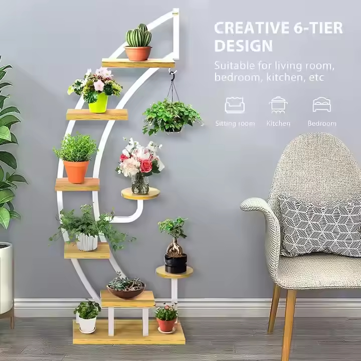 Custom Large Metal and Wooden Indoor Plant Stand Creative DIY Flower Display Rack for Multiple Plants and Pots Pack Type