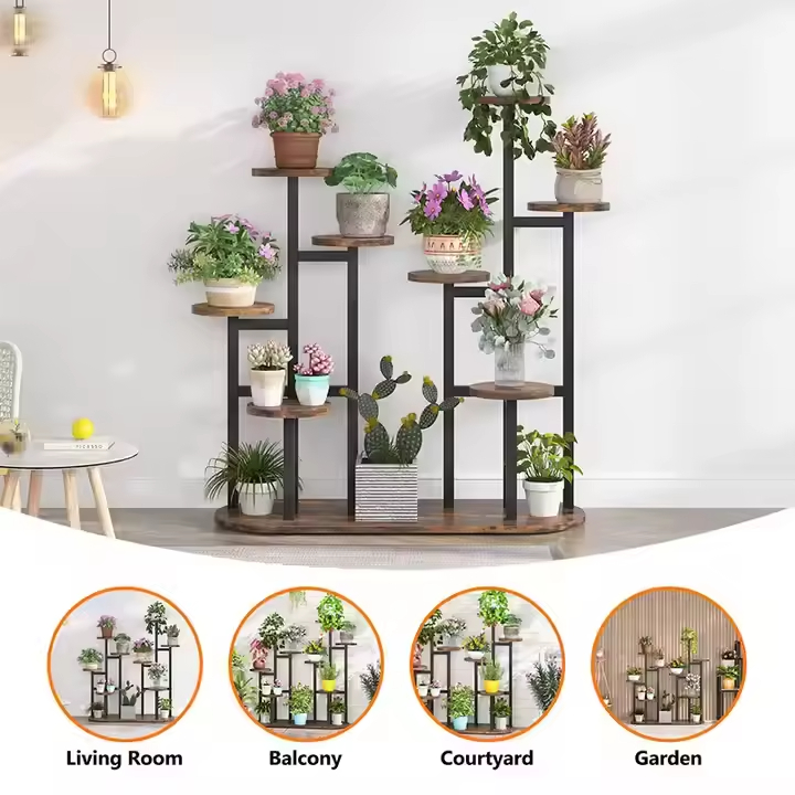 Potted Plant Stand Indoor Tall Plant Shelf Flower Stands Plant Rack Powder Coated Modern Wood+Metal Eco-Friendly for Garden
