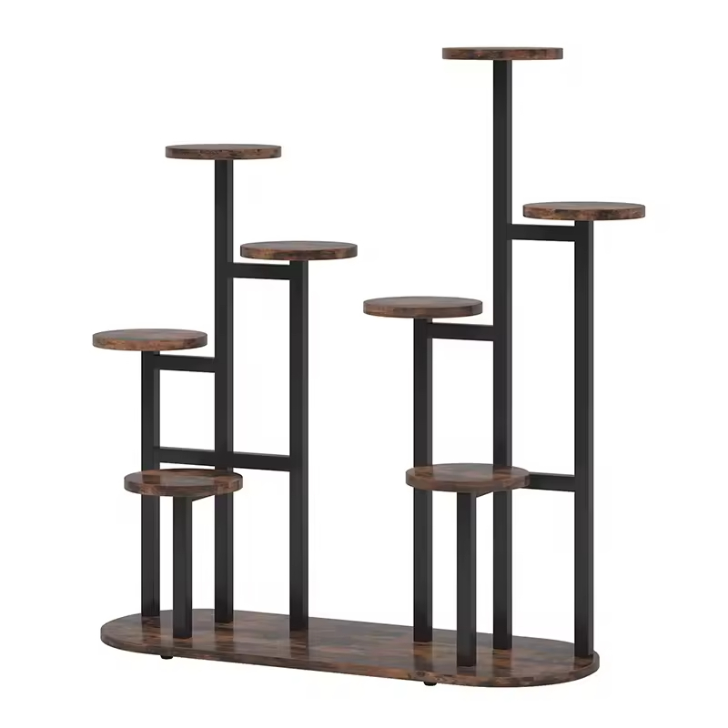 Customized Black Modern Multi-Tier Metal Wood Plant Stand Powder Coated Finish Durable Indoor/Outdoor Multi-Purpose