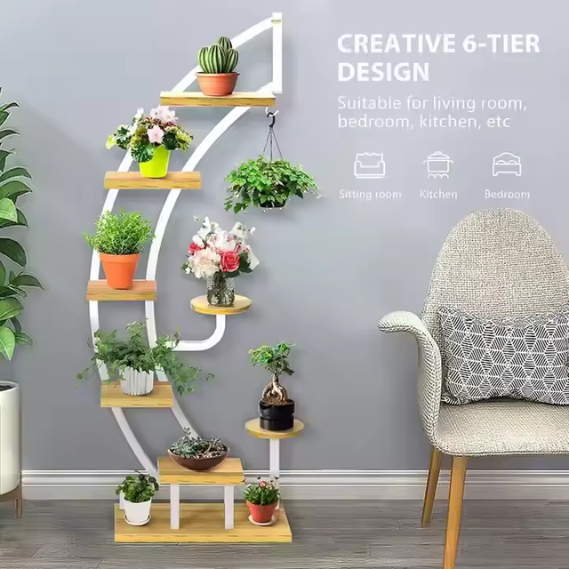 Custom Large Metal Wooden Indoor Plant Stand Powder Coated DIY Flower Pot Display Rack Multiple Plants Creative Flower Stand