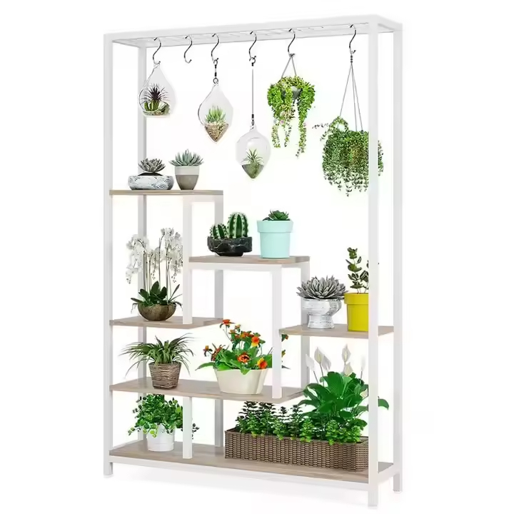Modern Farmhouse Folding 5-Layer Plant Stand | Wood+Metal Frame Eco-Friendly Waterproof Portable Indoor Flower Rack | Storage