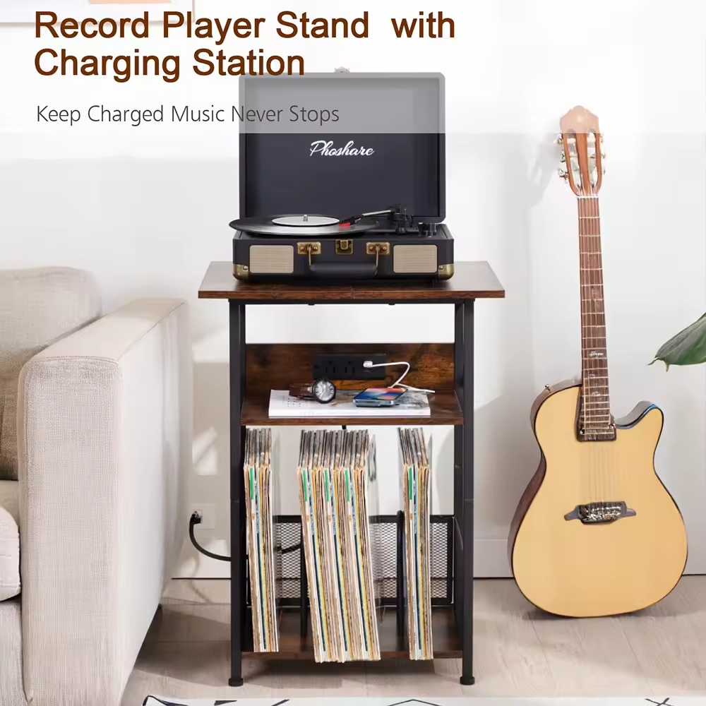 Modern 3-Tier Solid Wood & Metal End Table Record Player Stand with Charging Station and Storage Cabinet for Bedroom
