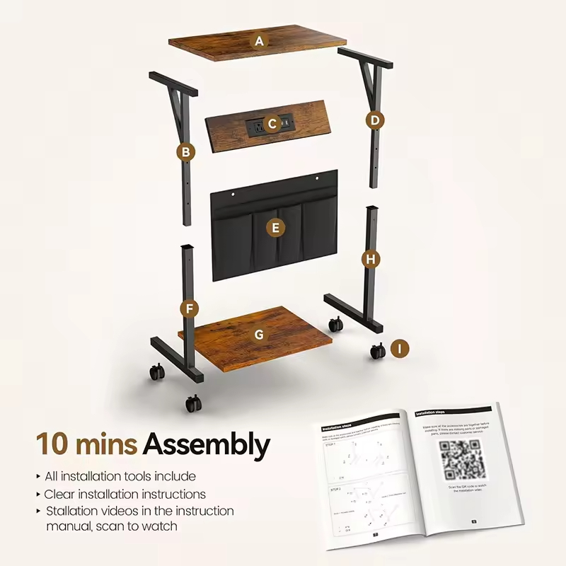 OEM&ODM Wooden Modern C Shaped Adjustable Bedroom End Table Charging Station USB Power Outlet Storage Bag for Couch Side Table