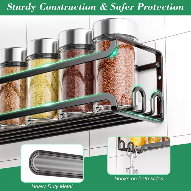 2 Pack Wall Mounted Spice Rack With 8 Hooks, Spice Organizer For Cabinet Pantry Door Spice Shelf Hanging Wall Spice Rack