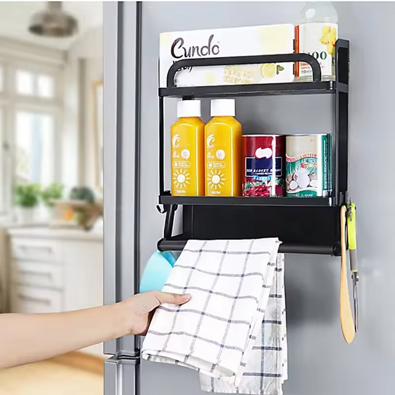 Single-Tier Kitchen Magnetic Refrigerator Storage Rack Wall-Mounted Hanger Shelf for Spices Metal Fridge Holder