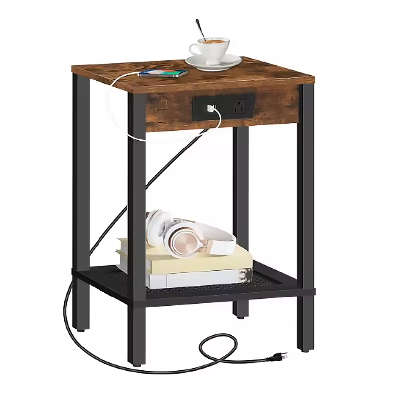 Modern USB Charging Station End Table with Storage Shelf Nightstand for Bedroom or Living Room Metal Home Furniture