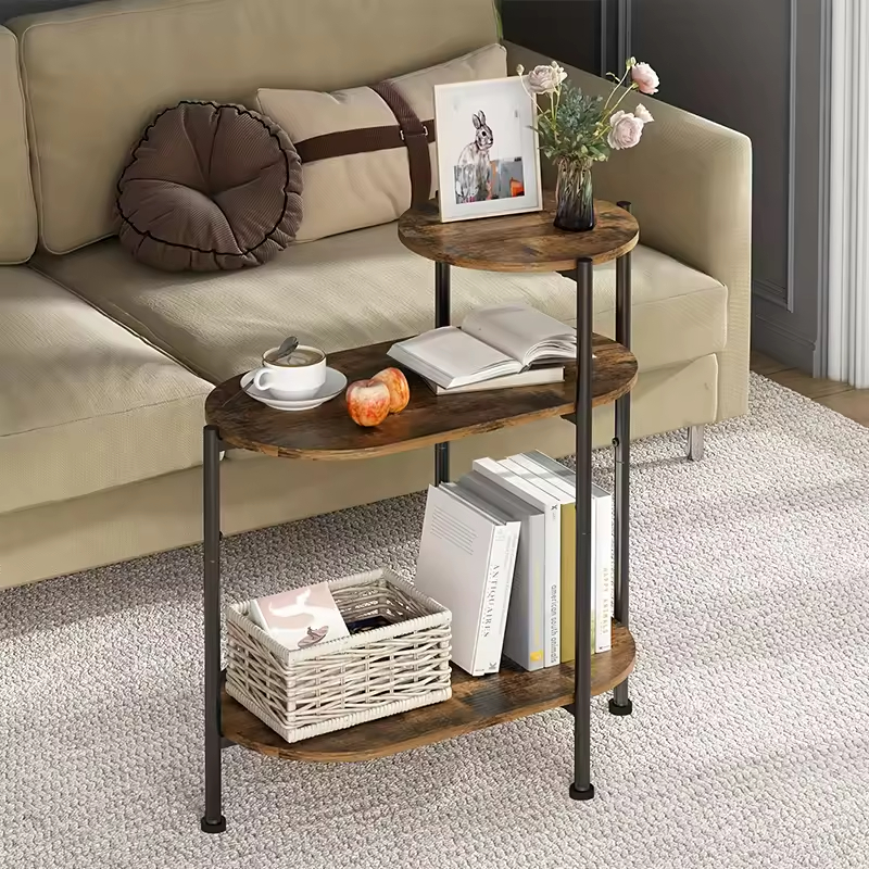 Customizable Circular Side Table for Living Room & Bedroom Practical Metal Frame with Wooden Top for Dining