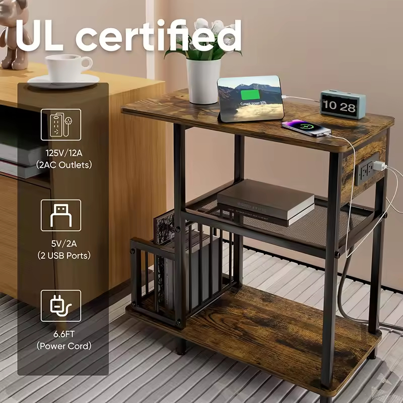 Modern OEM & ODM Side Table with USB Ports Outlets Charging Station Narrow Nightstand for Living Room Bedroom Sofa Couch Table