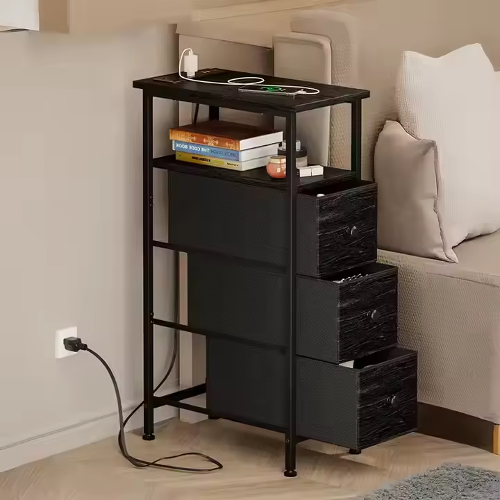 Adjustable Modern Wooden Bedside Table 3 Fabric Drawers Dual USB Outlets for Bedrooms Guest Rooms Narrow Design Convenient