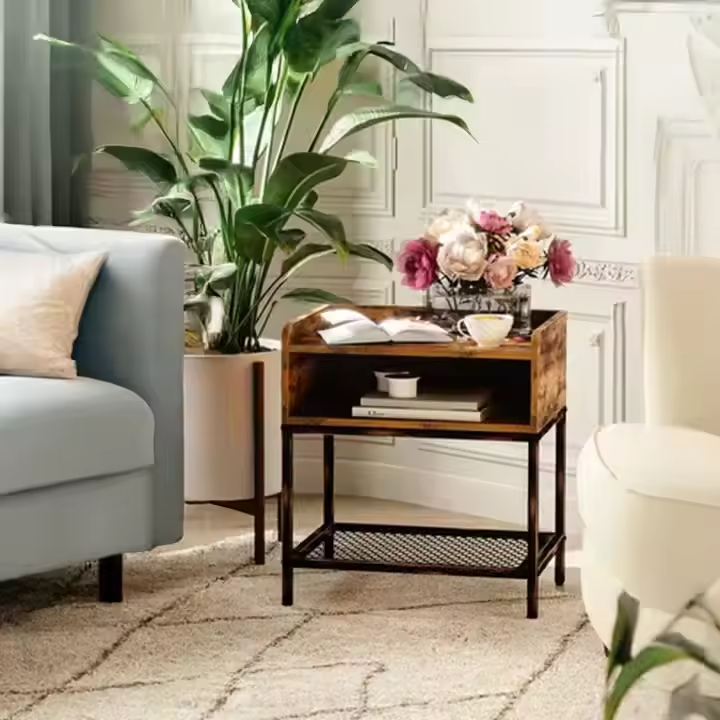 Modern Rustic Solid Wood Metal Nightstand Side Table Convertible Charging Station USB Ports OEM&ODM Bedroom Furniture Home