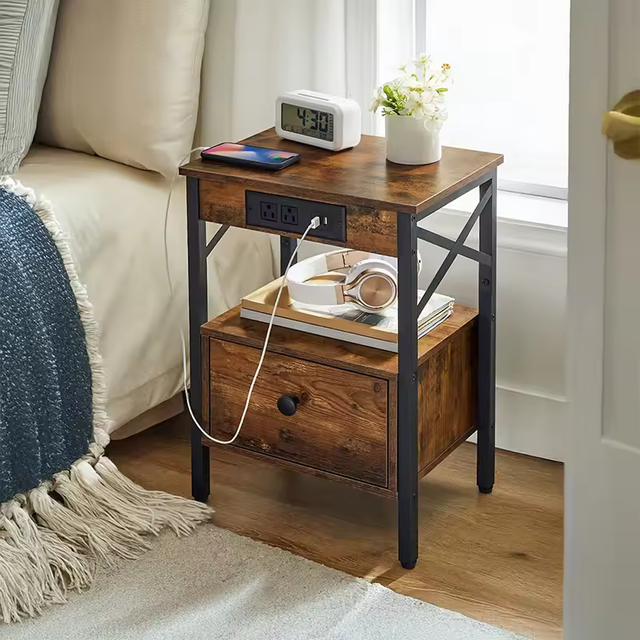 OEM & ODM Modern Solid Wood Nightstand with Charging Station Drawer USB Ports Outlet Storage Shelf Bedroom Furniture