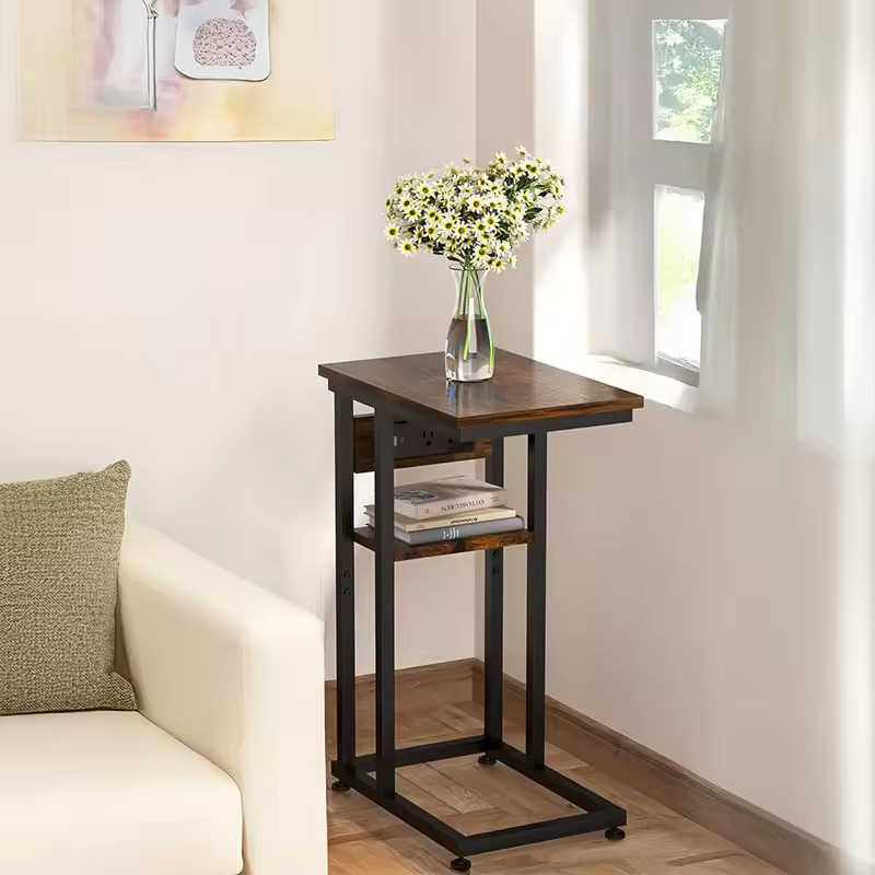 OEM&ODM Modern C-Shape End Table with USB-C Ports and Power Outlets Space-Saving Couch Table with Charging Station