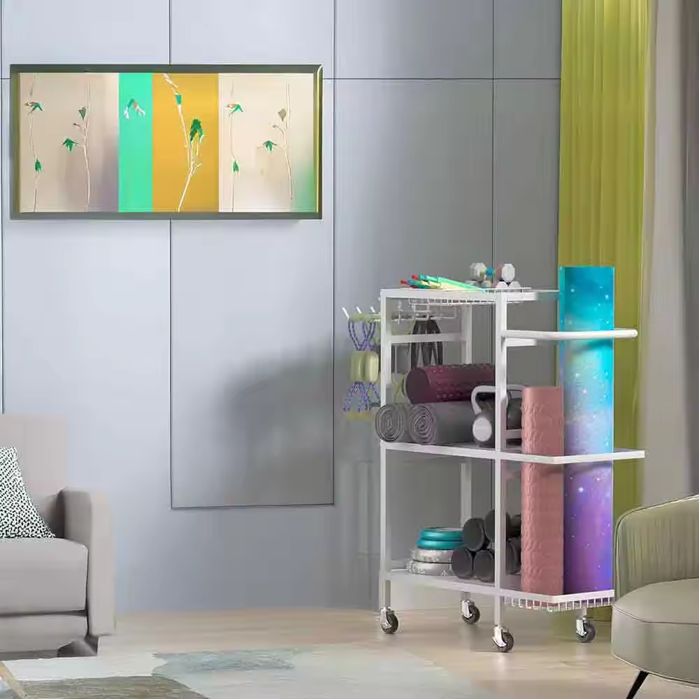 Home Gym Wall-Mounted Metal 3-Tier Tool Organizer with Wheels for Exercise and Workout Equipment